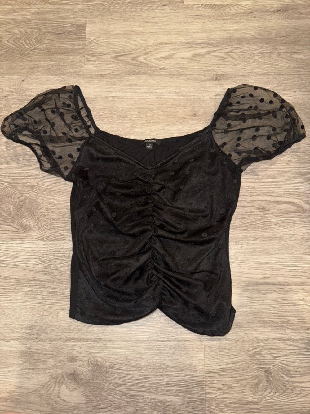 Black Ruched Polka-Dot Puff Sleeve Top